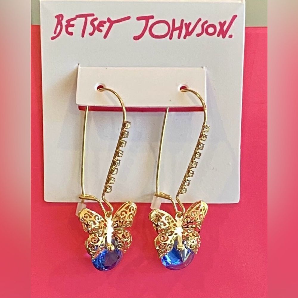Betsey Johnson Gold Butterfly Blue Crystal Rhinestone Drop Dangle Earrings - Picture 3 of 6